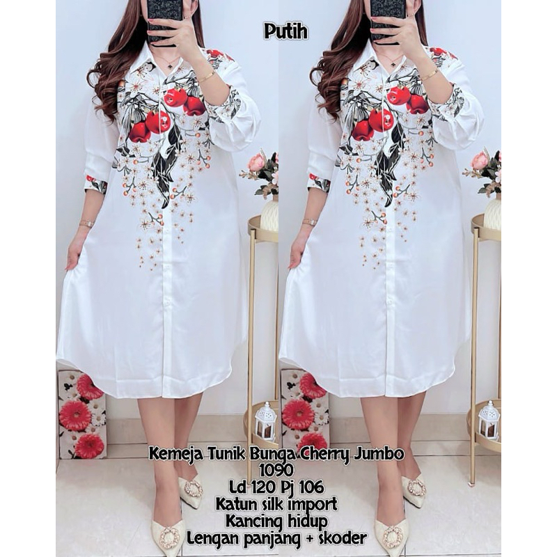 1090 KEMEJA TUNIK BUNGA CHERRY JUMBO LD120 KATUN SILK WANITA|TUNIK SILK|TUNIK LD120