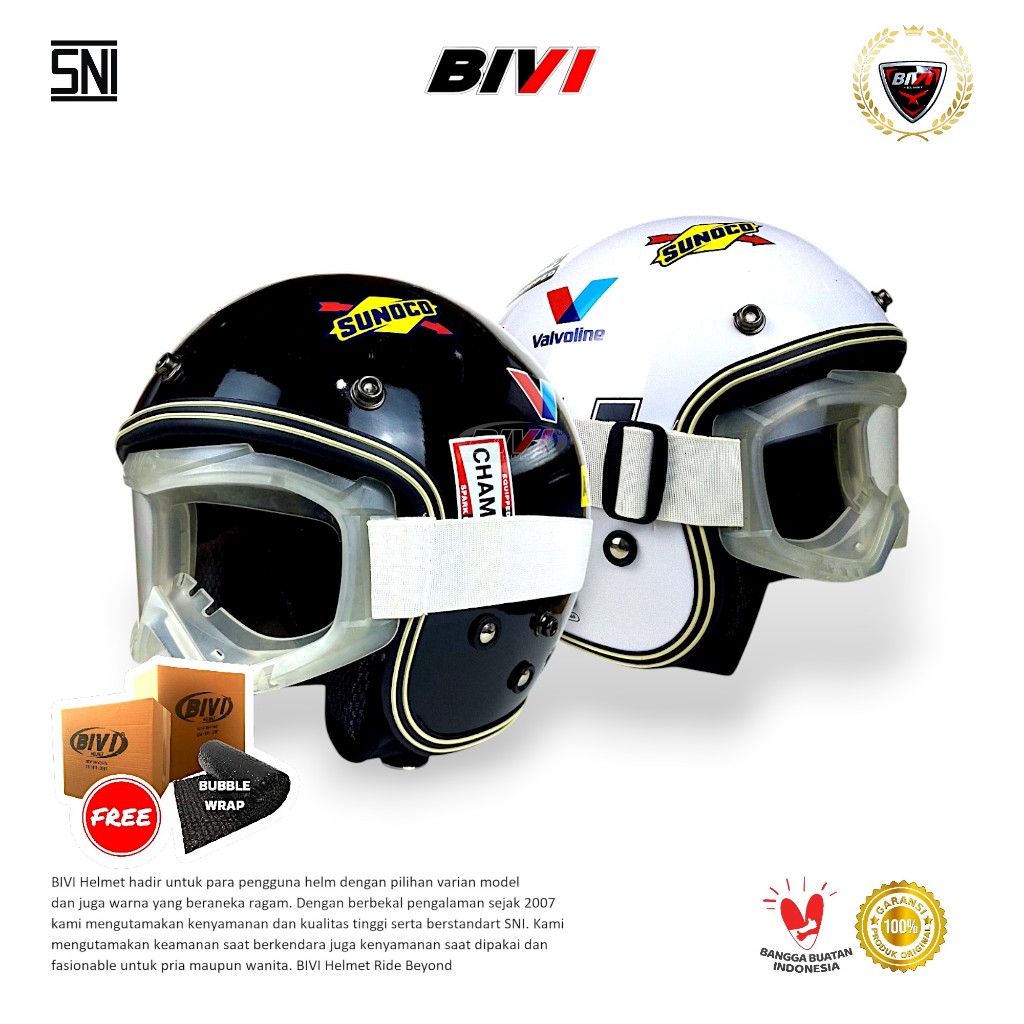 Terlaris Helm Bivi Bogo Motif Racing + Kacamata Sni Retro Half Face Dewasa Pria Wanita Hijab