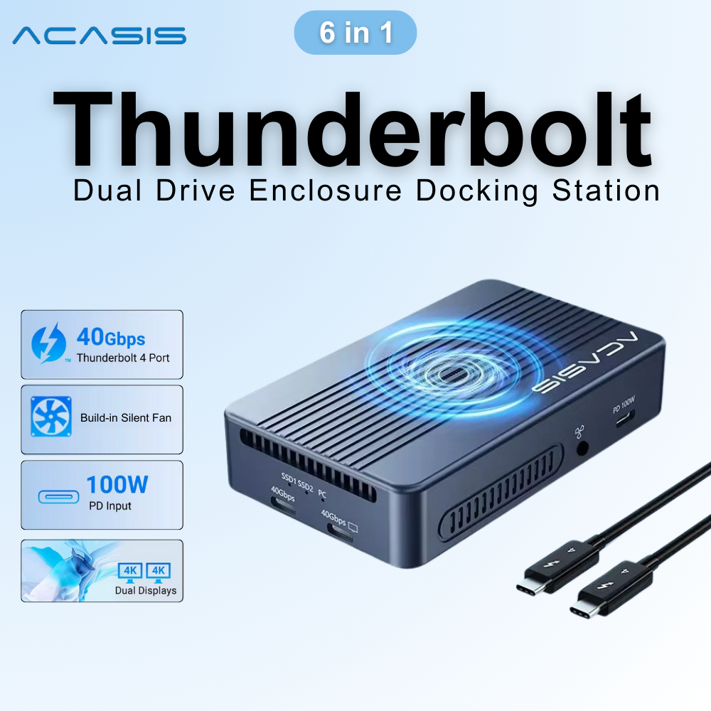 Acasis Thunderbolt 4 SSD Enclosure & Dock Dual-Bay RAID | 8K@60Hz HDMI PD100W | 40Gbps NVMe M.2 for 