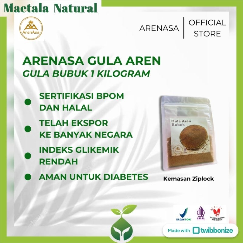 

Arenasa Gula Aren Bubuk 1000gram (palm sugar/gula semut) gula kesehatan, alami, organik, premium, rendah gl, serifikasi BPOM dan Halal, kemasan Ziplock Bag