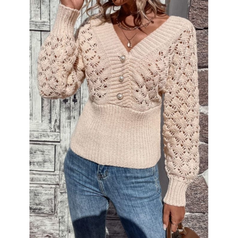 Shein Sweater Crop Pointelle Knit Lantern Sleeve