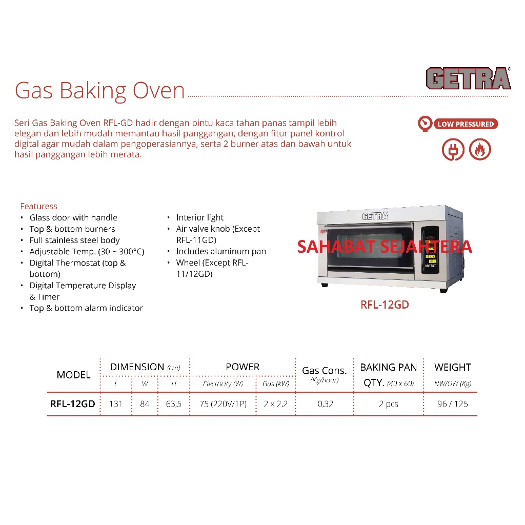 GETRA Gas Baking Oven 1 Deck 2 Trays / Loyang RFL-12GD Oven Pemanggang Roti