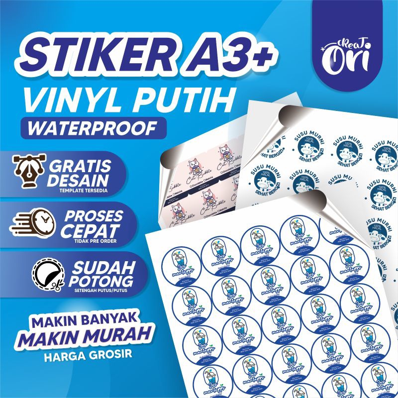 

Cetak Stiker A3+ Vinyl Susu Waterproof Tinggal Tempel ✔️label minuman makanan✔️skincare✔️Murah