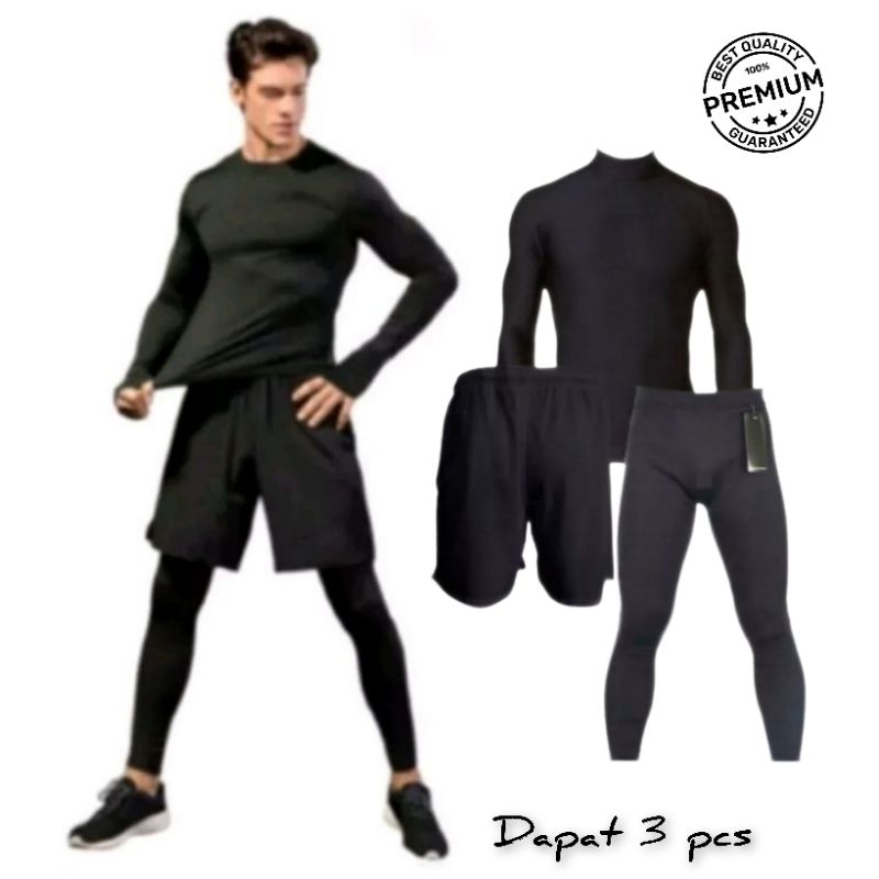Full set Olahraga Pria Baju Manset Baselayer Lengan Panjang Celana Pendek Legging Baselayer Panjang