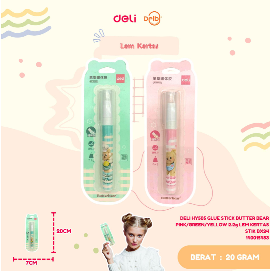

DELI HY505 GLUE STICK BUTTER BEAR PINK/GREEN/YELLOW 2.2g LEM KERTAS STIK