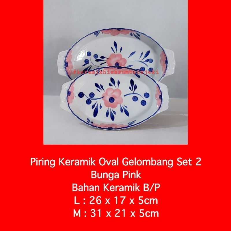 Piring Keramik Oval B/P Gb.Bunga, Piring Keramik Oval Bunga Pink Set.2