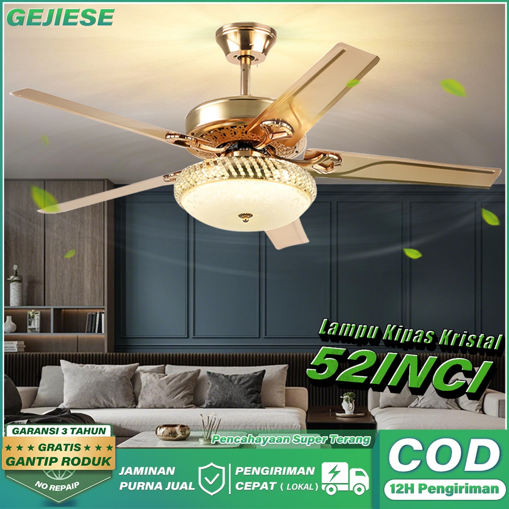 GEJIESE Lampu Kipas Angin Plafon Kristal 52Inci 6Kecepatan 3 Warna Kipas Lampu Gantung Plafon Remote