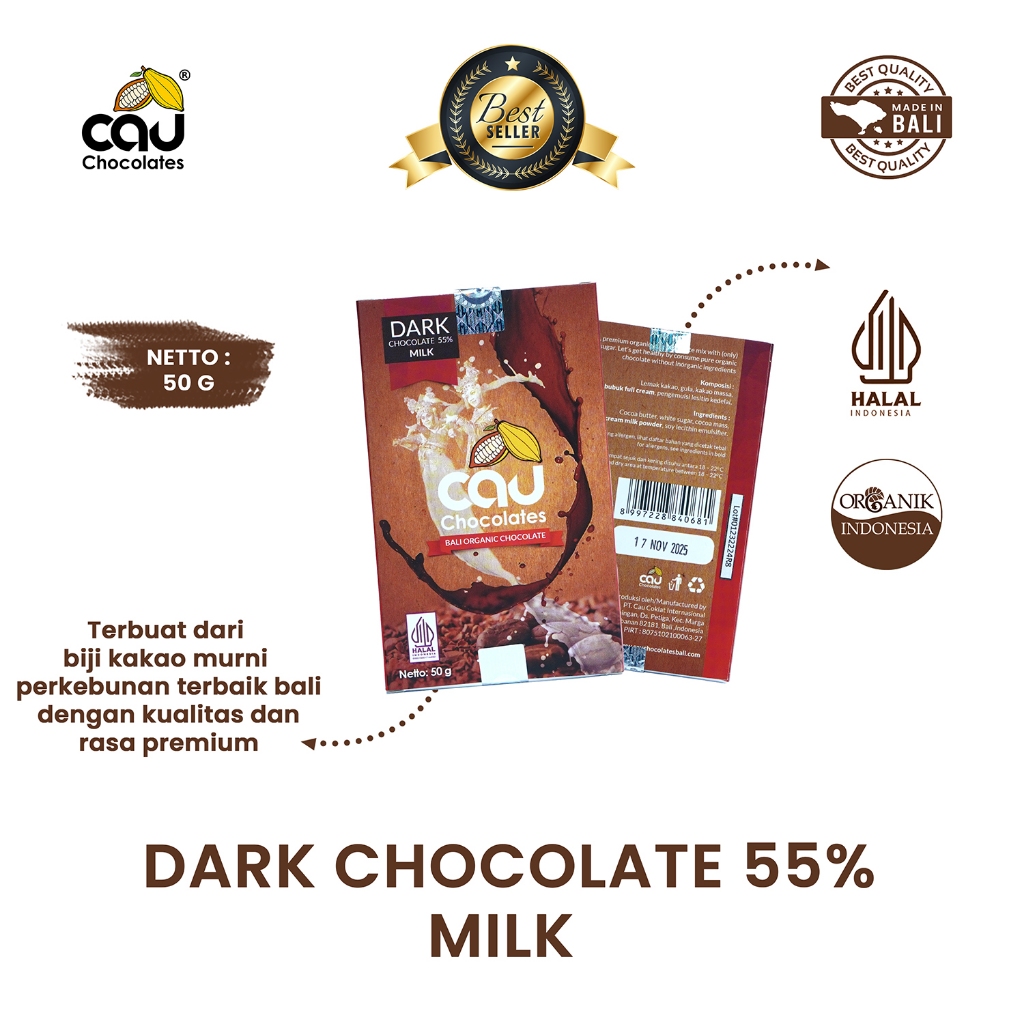 

CAU CHOCOLATES - Dark Chocolate / Coklat 55% dengan Susu dan Gula Putih - 50 gr