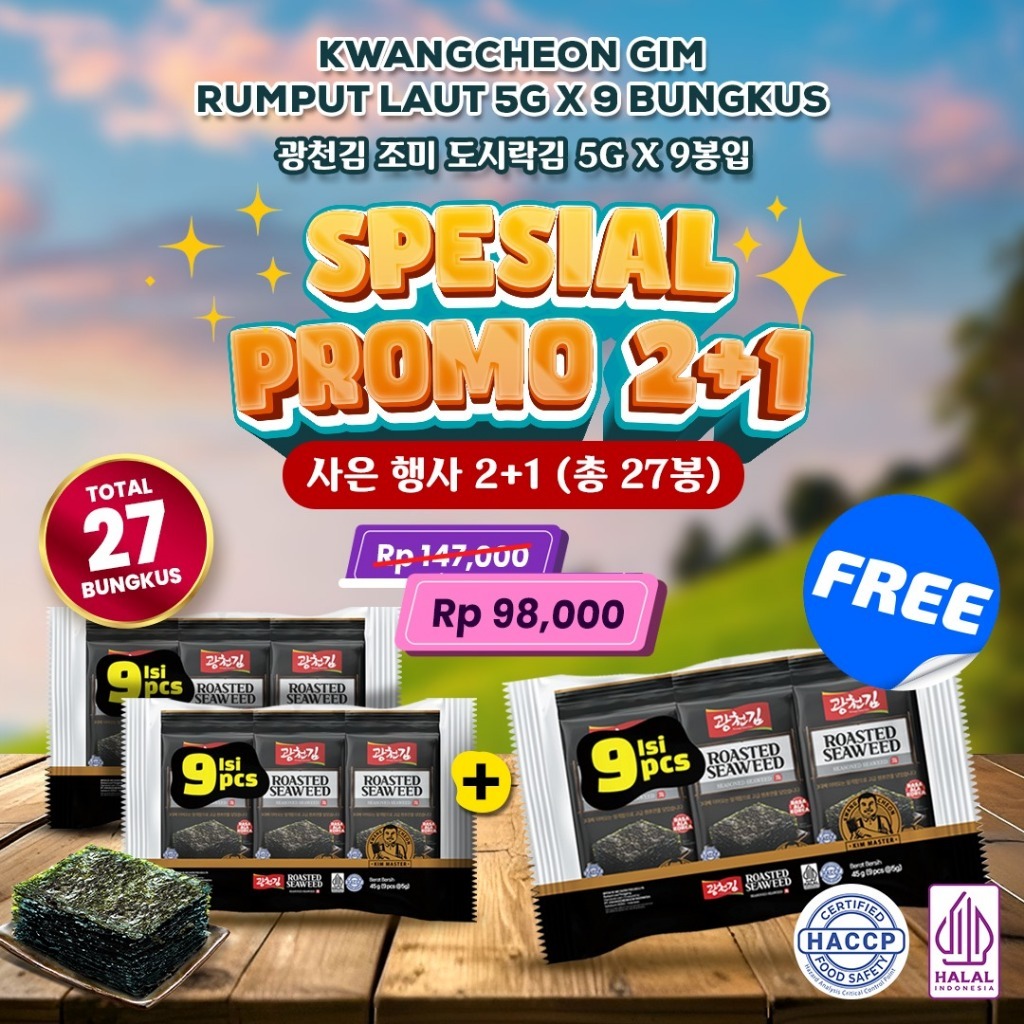 

[BELI 2 GRATIS 1] HALAL ROASTED SEAWEED KWANGCHEON KIM 45G (ISI 9 PCS) / RUMPUT LAUT PANGGANG / NORI PANGGANG / NORI SNACK
