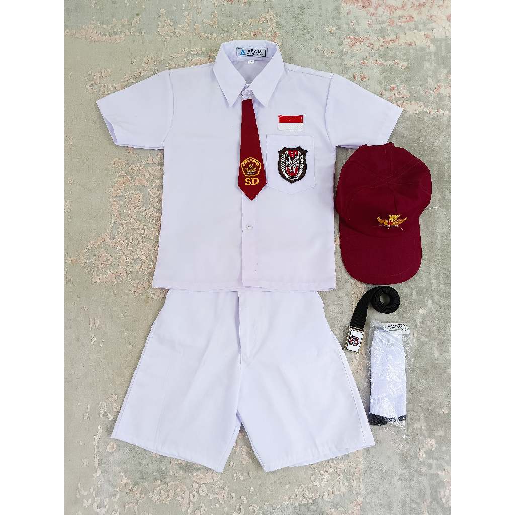 SETELAN SERAGAM SEKOLAH PUTIH-PUTIH ANAK LAKI-LAKI LENGAN PENDEK SD KELAS 1-6 TOPI MERAH POLOS