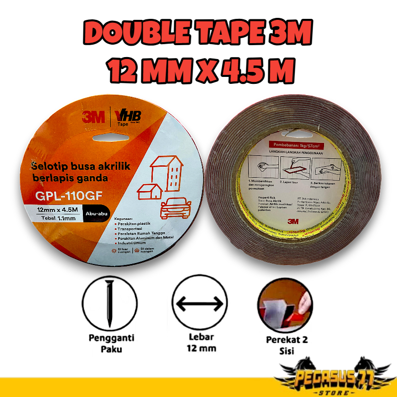 

Selotip 3M VHB Double Tape Isolasi Bolak Balik GPL-110GF 12 mm x 4.5 M