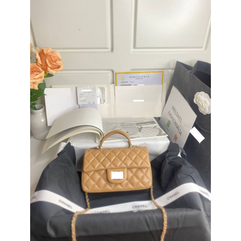 Preloved Mini Rectangular Top Handle Flap Bag Lambskin Dark Beige 20 CM