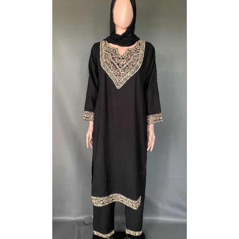 Kurti / Tunik Set Mewah ori India Atasan Clana Dupatta warna Hitam