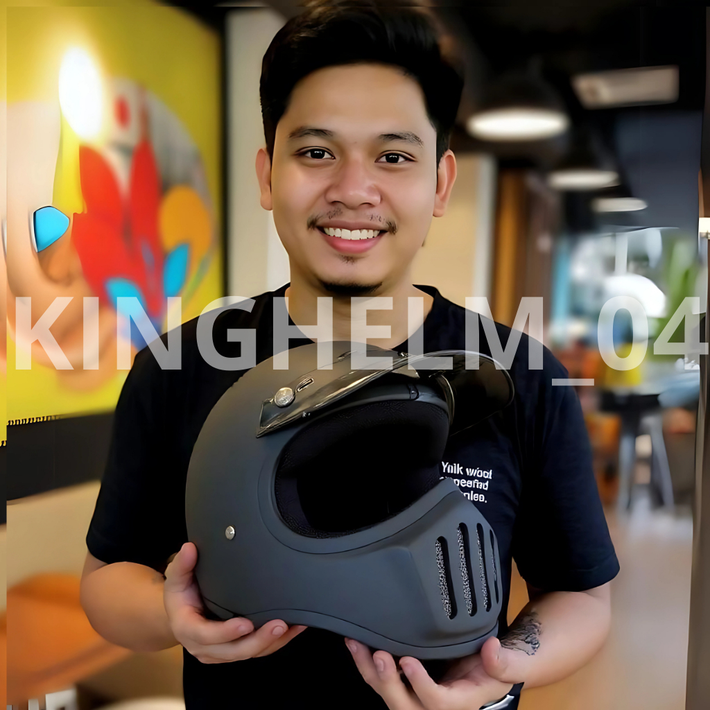 Helm JS Cakil Retro Solid Full Face Hitam Putih Army Glossy Doff Helem Motor Klx Trail Monyong  Sni