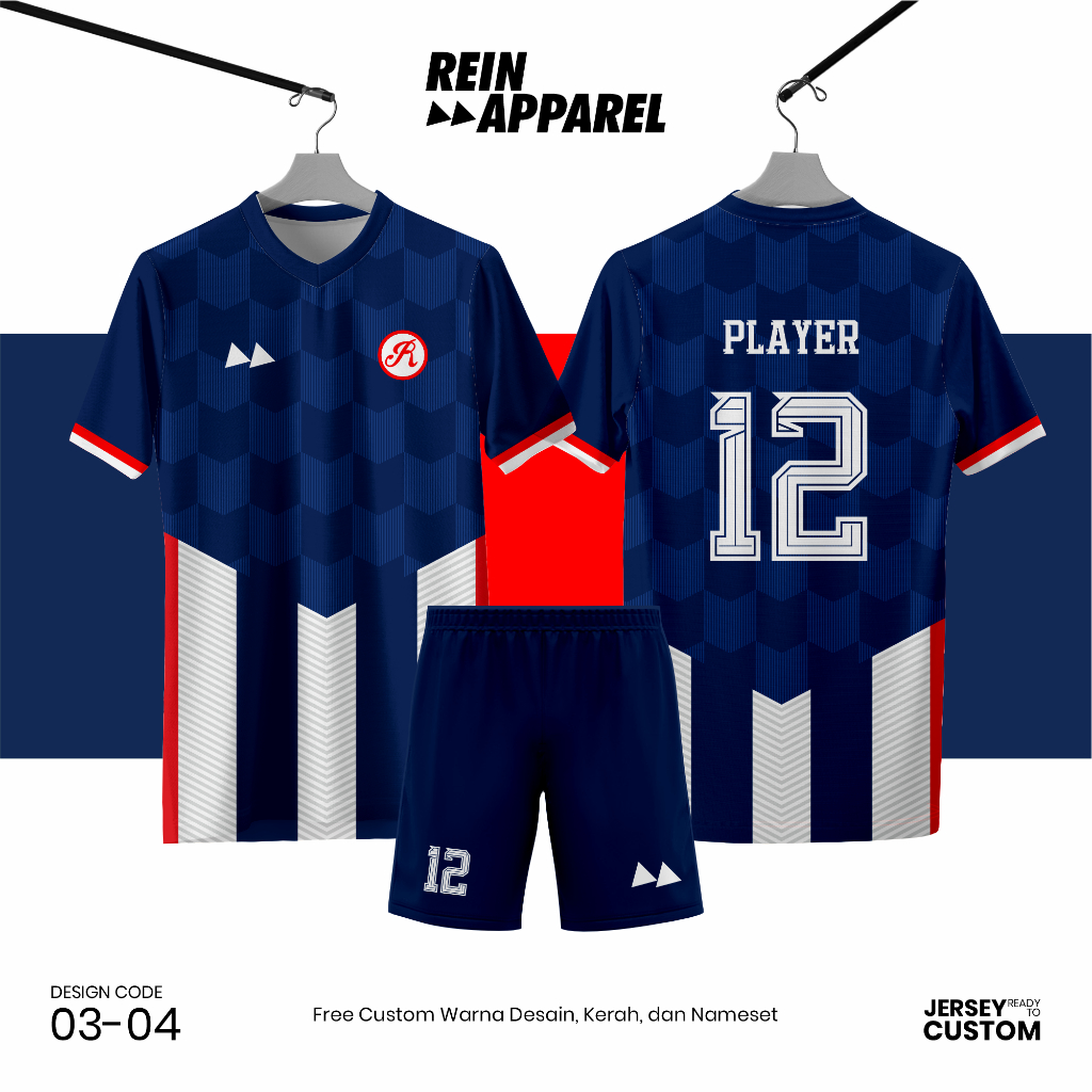 Jersey Bola Futsal Full Printing Kostum Nama/Nomor/Logo - 0304 Biru Merah