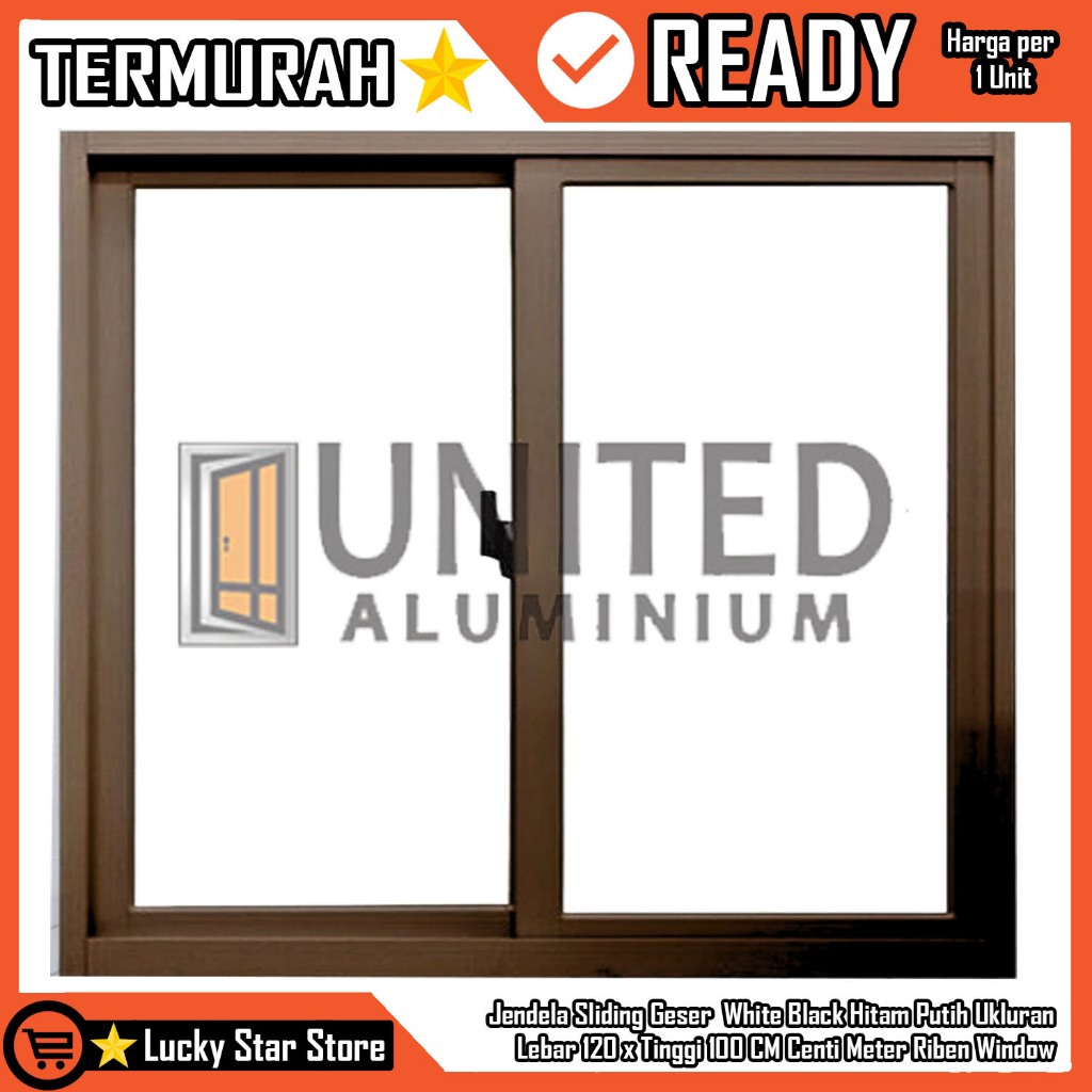 United Aluminium Jendela Sleding Ukuran L120xT100 CM Abu Hitam Putih Coklat Silver Urat Kayu Kaca Cl