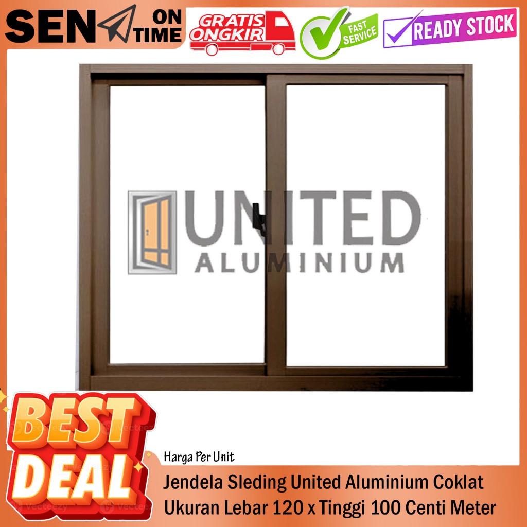 United Aluminium Jendela Sleding Ukuran L120xT100 CM Abu Hitam Putih Coklat Silver Urat Kayu Kaca Cl