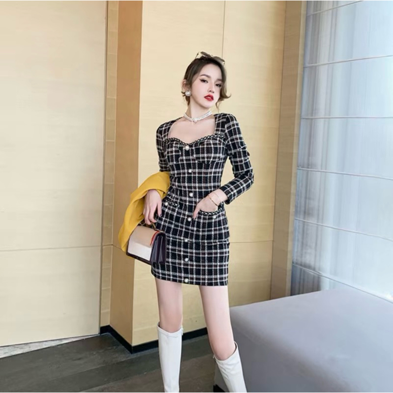 Dress premium tweed wanita korean style bukan with love oudre array duma