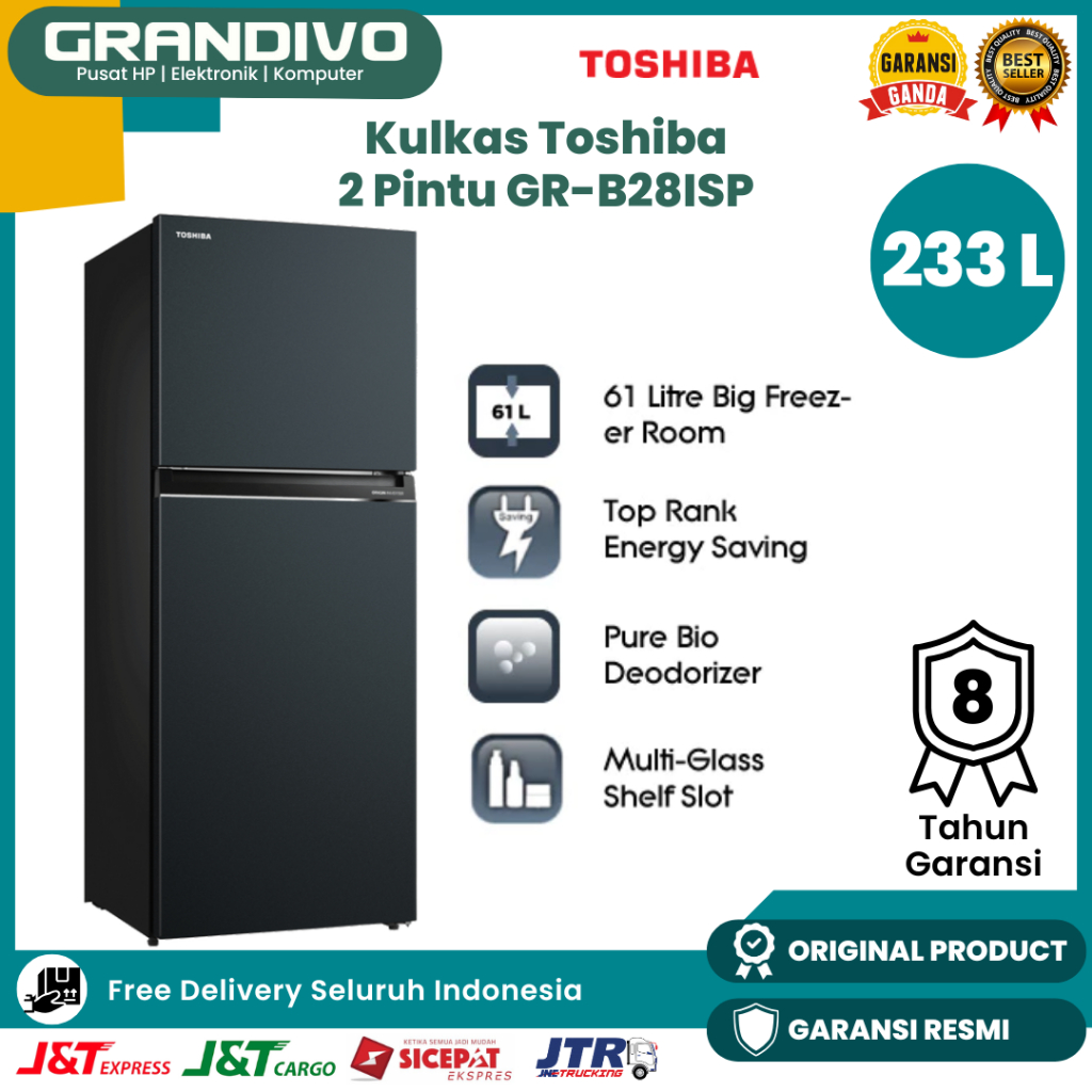 Kulkas 2 Pintu Toshiba GR B28ISP 233 Liter Tanpa Bunga Es Low Watt Big Freezer Bio Deodorizer System