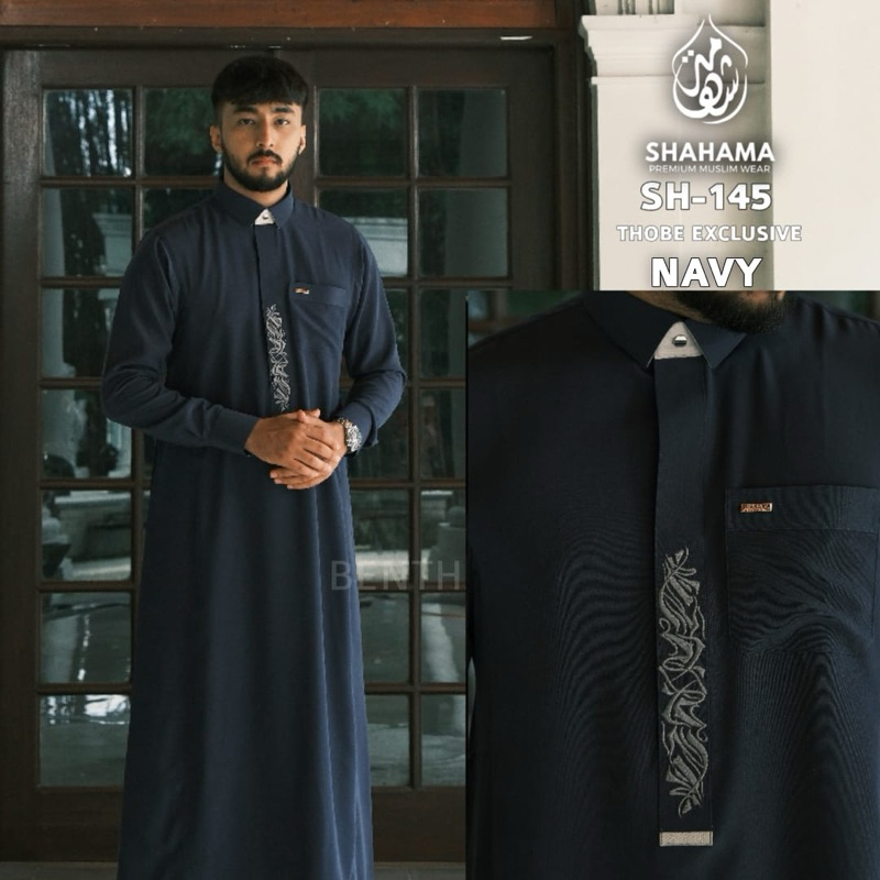 Thobe Shahama SH-145 Navy Premium Jubbah Baju Gamis Pria Dewasa Modern Lengan Panjang Biru Tua