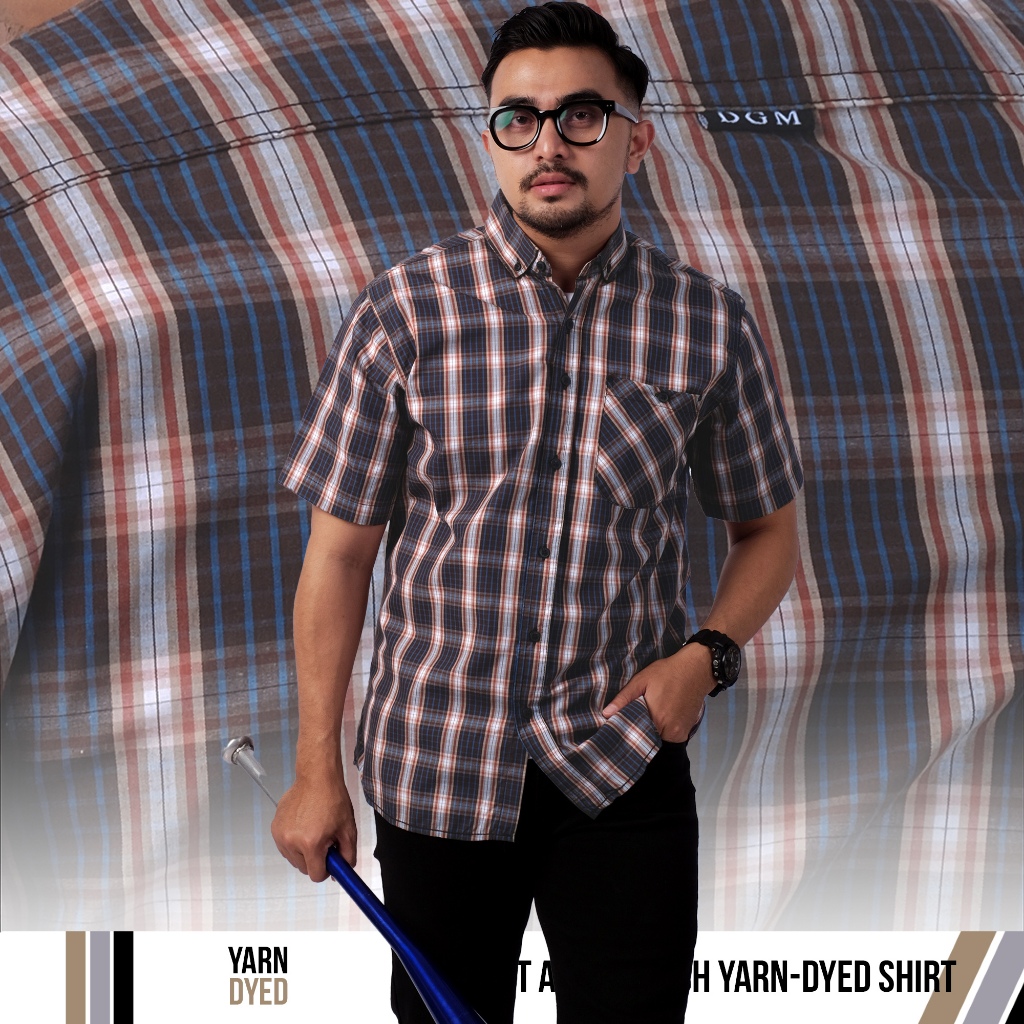 DGM Kemeja Pria Lengan Pendek Kotak Yarndyed Abu Garis Coklat Kemeja Yarndyed 2770