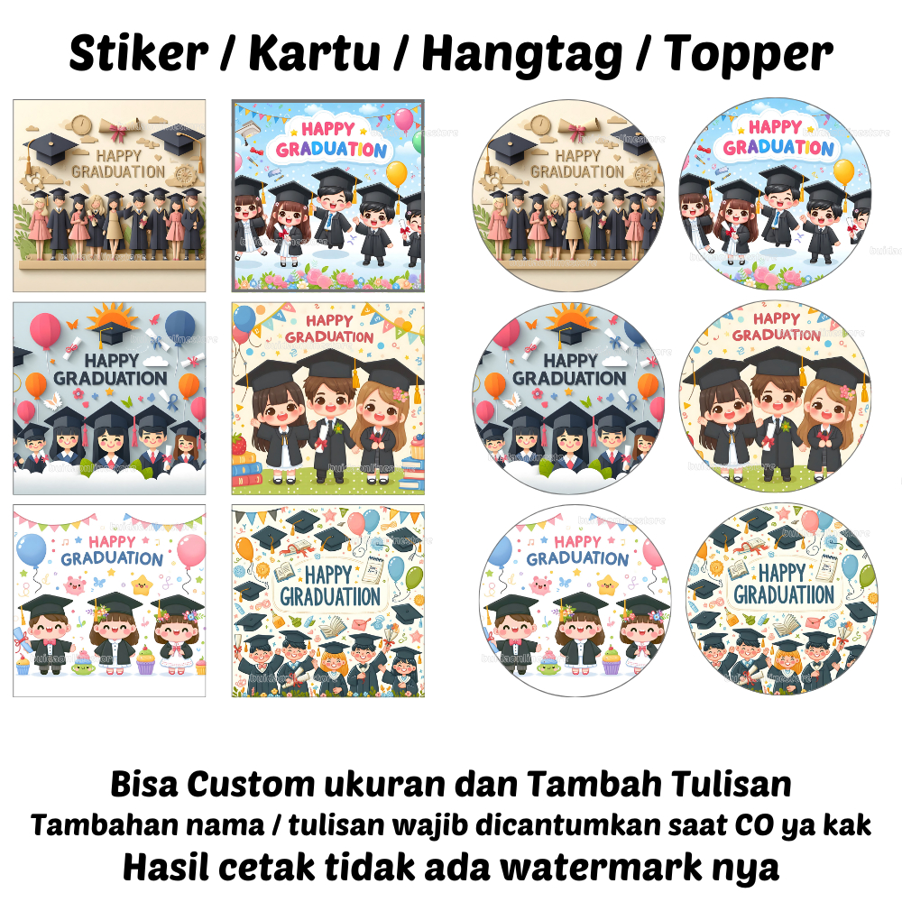 Sticker Stiker / Kartu Ucapan / Topper / Hangtag Happy Graduation label piala selamat wisuda dekoras