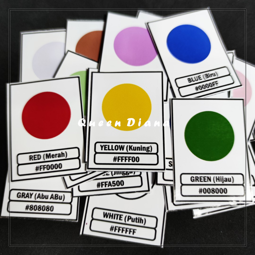 

stiker warna dengan nama bahasa inggris dan kode hex isi 25 pcs unik untuk belajar warna