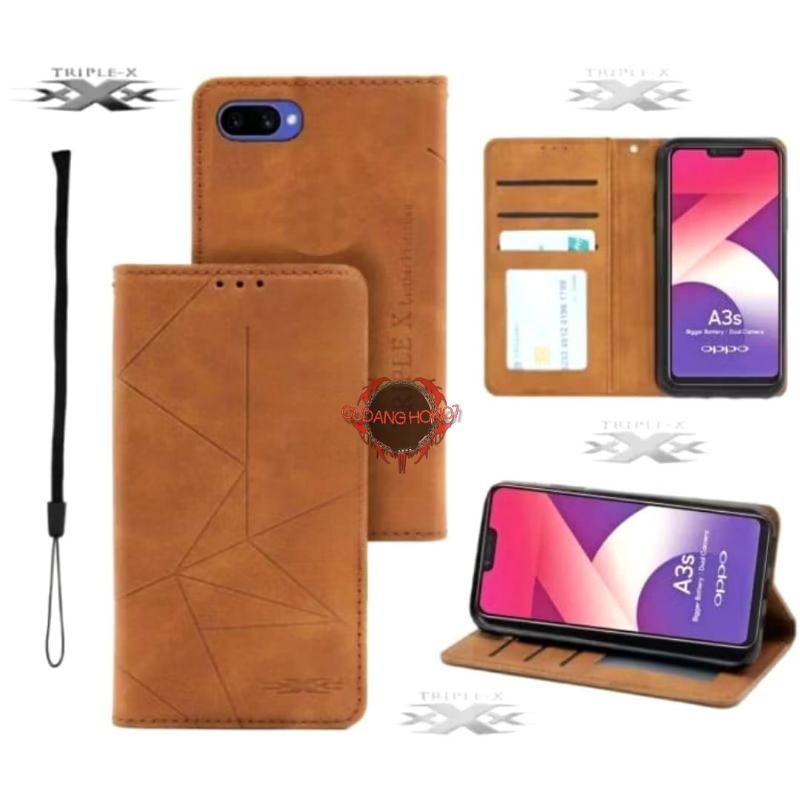 OPPO A3S CASE POLYCARBONATE LEATHER FLIP MAGNET CASING DOMPET HP SARUNG KULIT