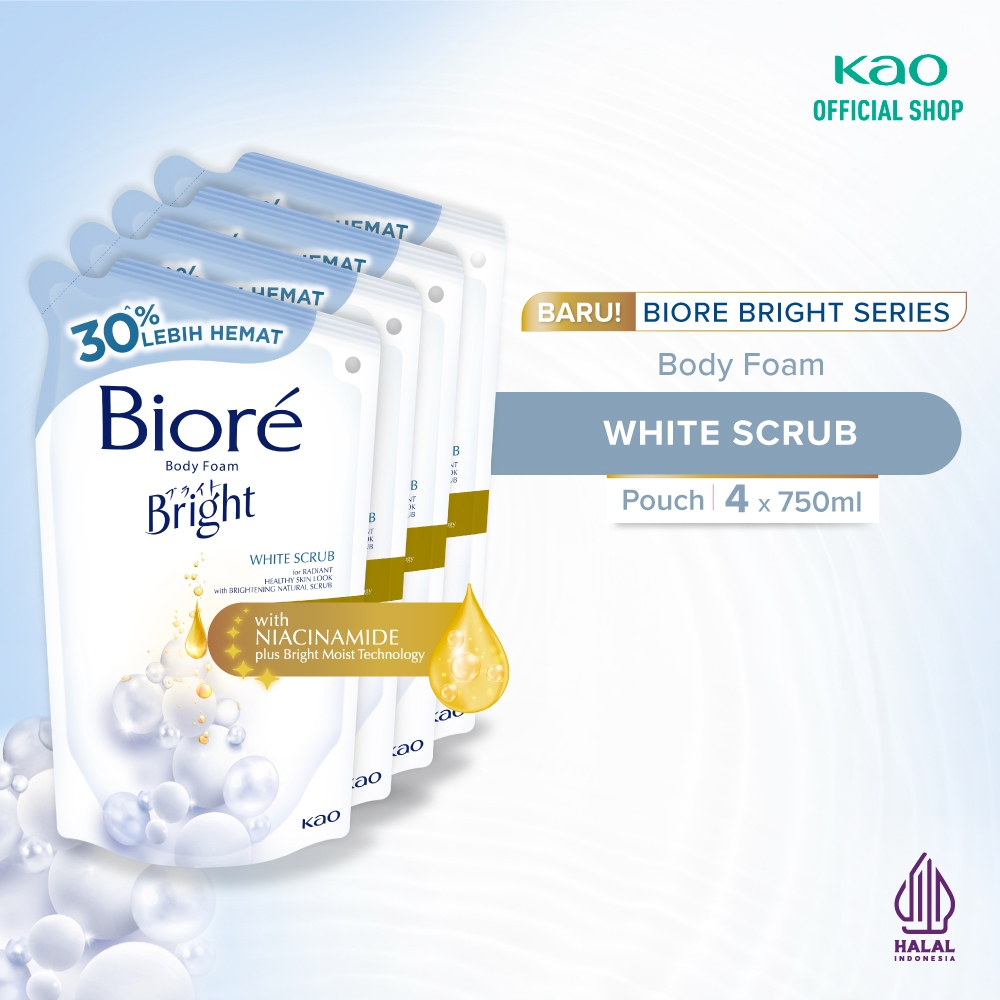Biore Bright Body Foam Sabun Mandi Cair White Scrub 750 ml x 4