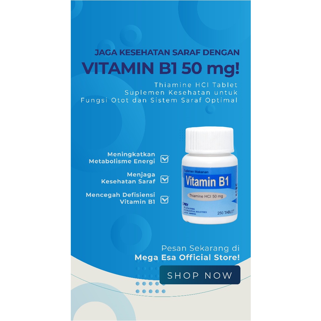 Vitamin B1 50 mg Thiamine HCl, Tablet Suplemen Kesehatan (250 mg)