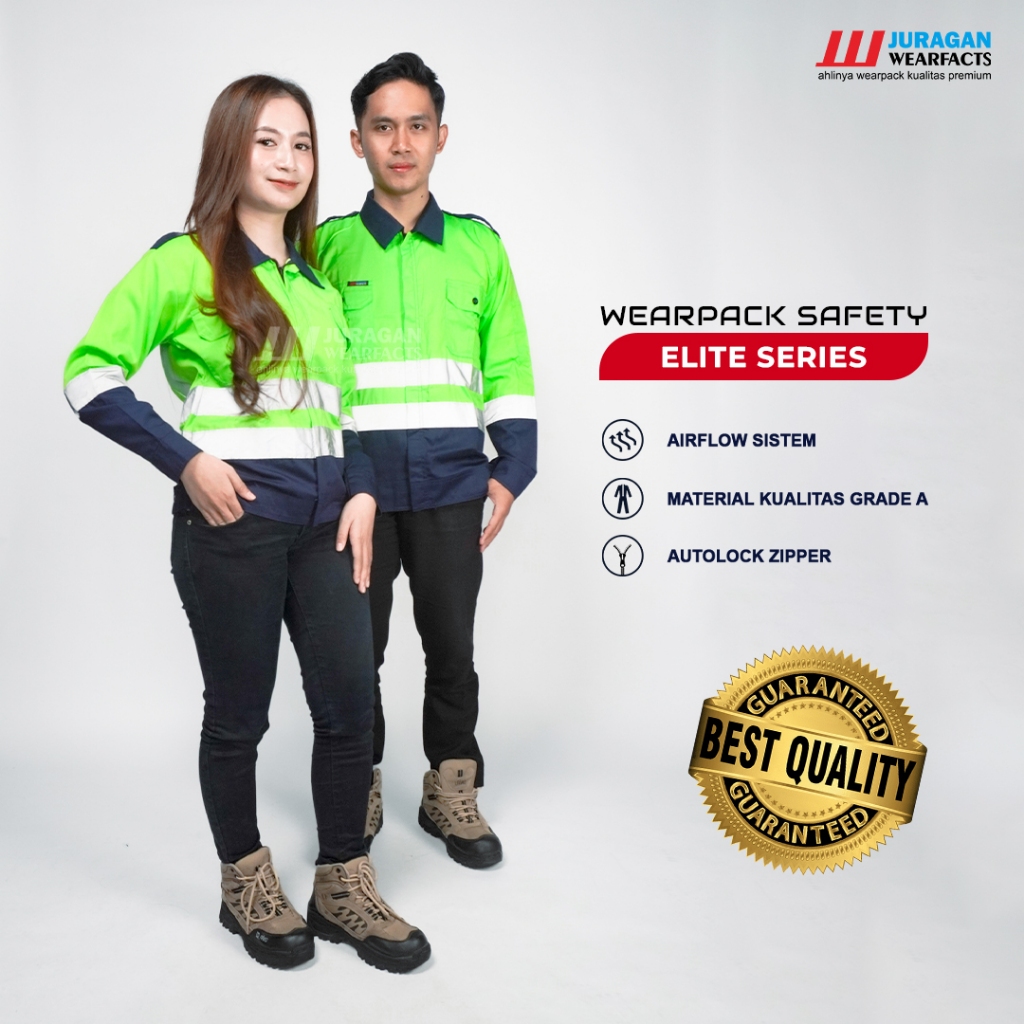 Juragan Wearfacts - Baju Wearpack Safety Model Elite Warna Hijau Stabilo Kombinasi Biru Navy