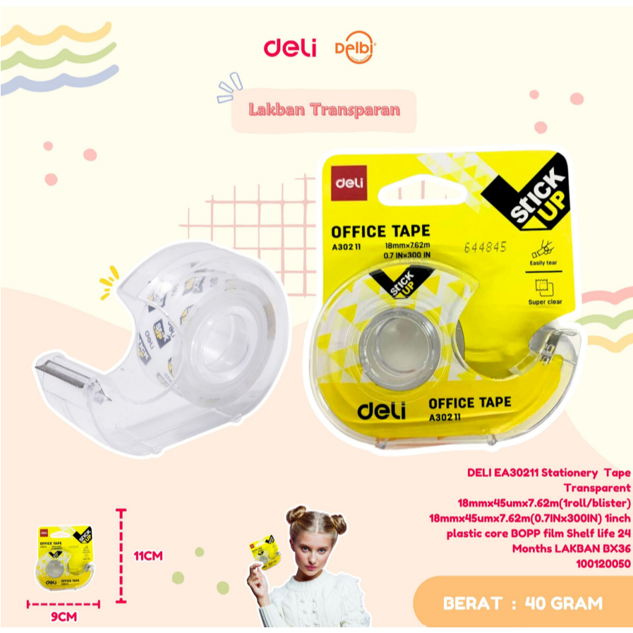 

DELI EA30211 Stationery Tape Transparent 18mmx45umx7.62m(1roll/blister) 18mmx45umx7.62m(0.7INx300IN) 1inch plastic core BOPP film Shelf life 24 Months LAKBAN