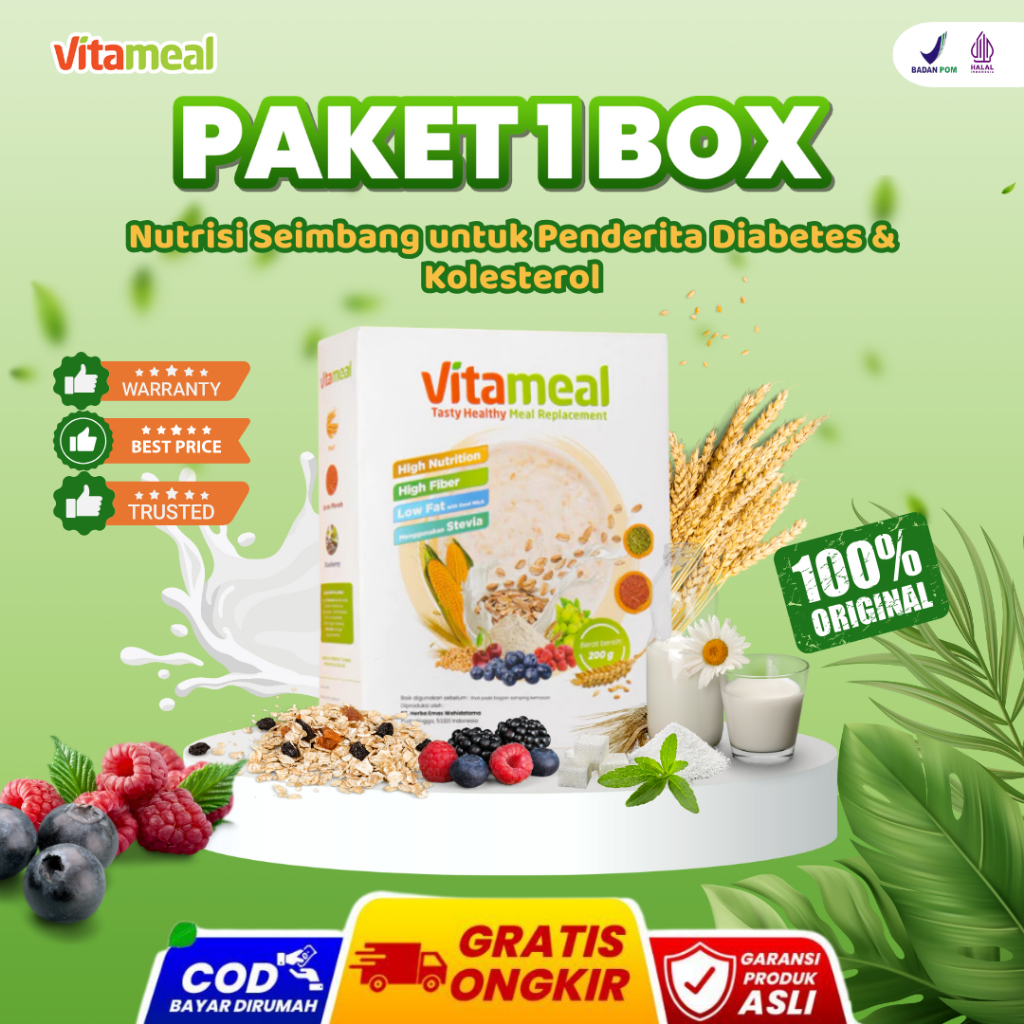 

PAKET 1 BOX VITAMEAL Sereal Multigrain Sehat untuk Turunkan Gula Darah Mengatasi Kebas dan Kesemutan serta Atasi Sering merasa haus dan lapar VITAMEL GERD