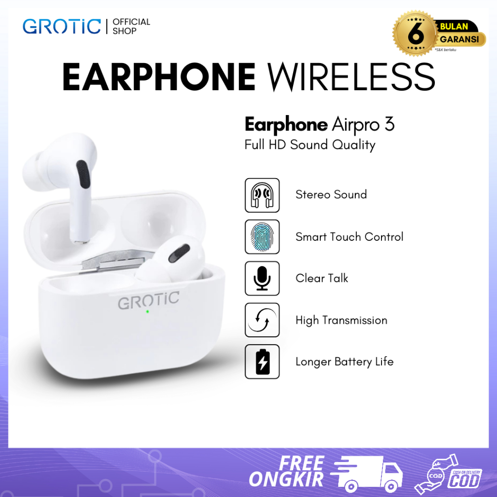 Grotic Airpro3 TWS Headset Earphone Wireless In-ear Putih