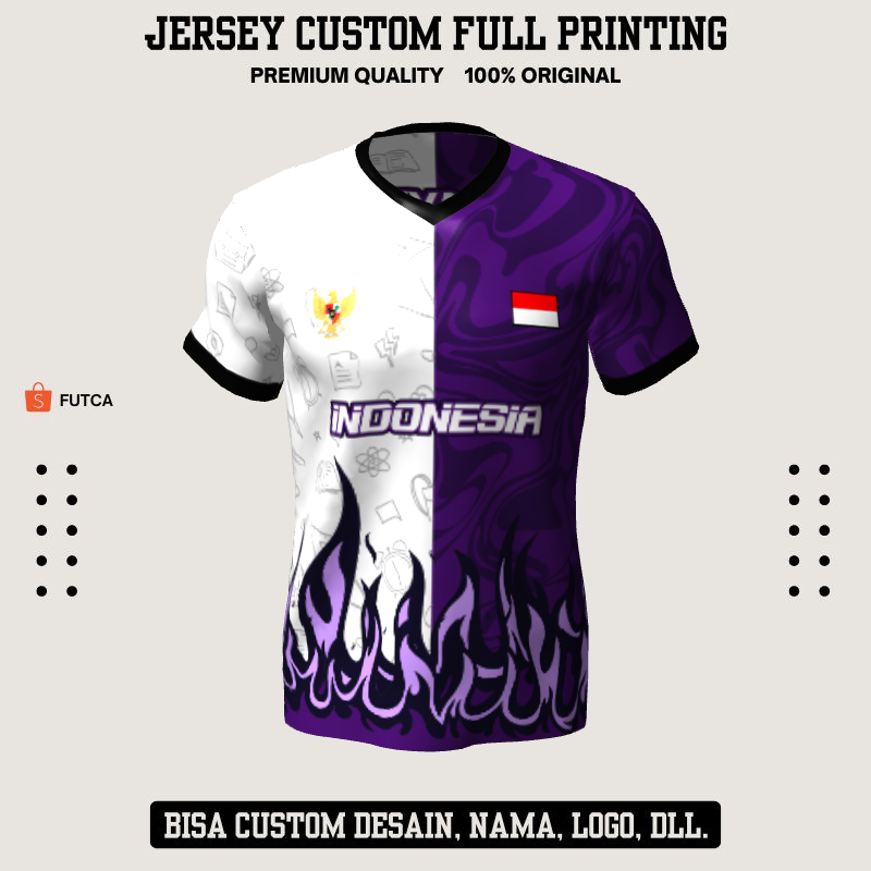 Kaos Jersey Futsal Putih Ungu Motif Abstrak Liquid Api 517 - Jersey Baju Olahraga Custom Full Printi