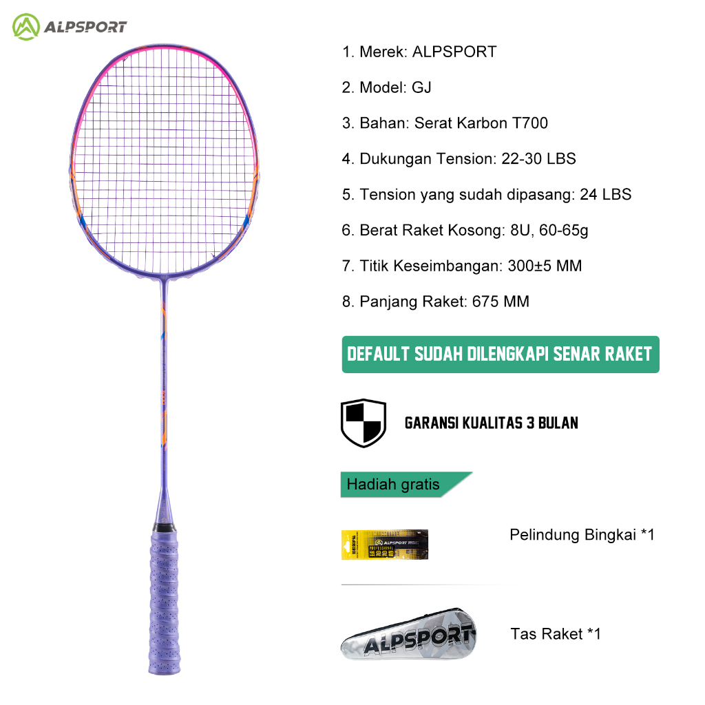 ALPSPORT GJ Max 35LBS 10U 52G Raket Bulutangkis Ungu/Hitam/Merah Senar Grip Terpasang Premium Serat 