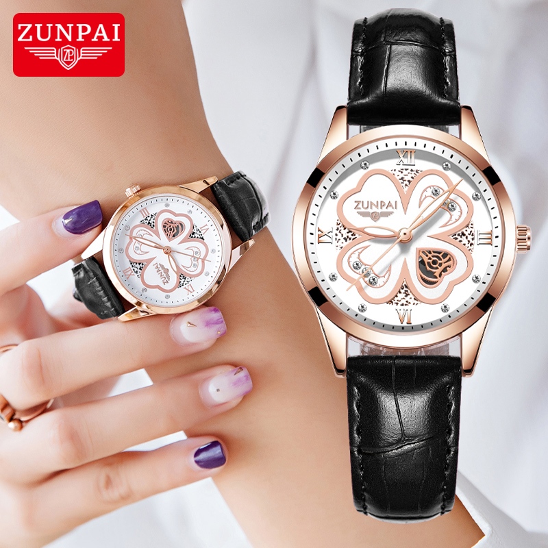 ZUNPAI Jam Tangan Wanita Asli Kecil Anti Air Merek Kulit Analog Jam Tangan Wanita Set Hadiah
