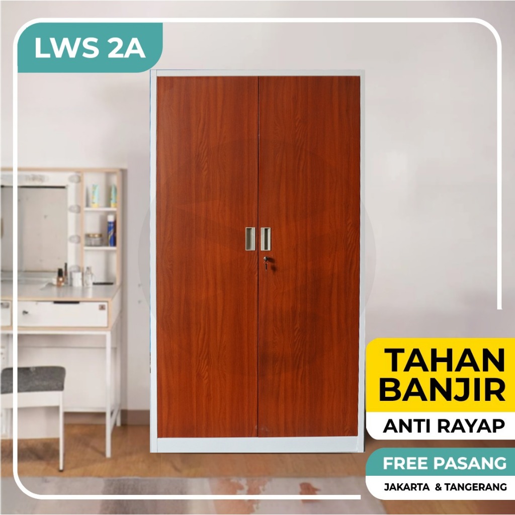 Lemari Pakaian Besi 2 Pintu Swing Lemari Besi Lemari Kaca Anti Banjir Rayap Lemari Baju Metal LWS 2A