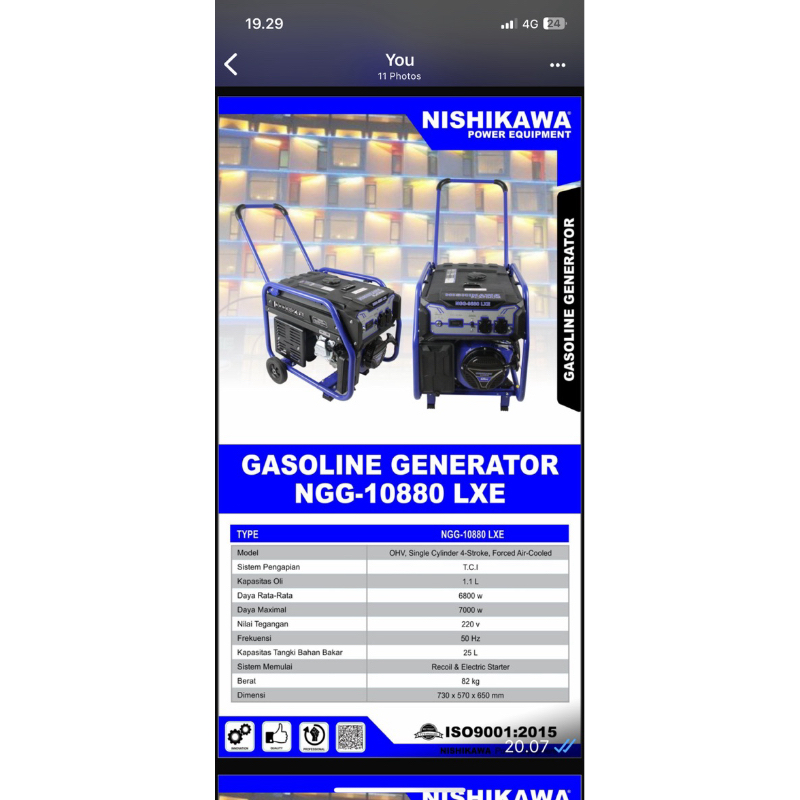 Genset 6800 watt electric starter Nishikawa NGG 10880 LXE