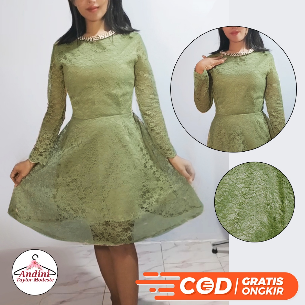 Andini Dress Gaun Brokat Brukat Renda Hijau Sage Midi
