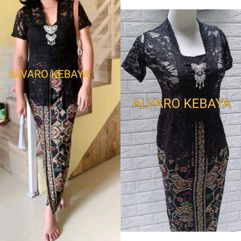 set kebaya hitam melar lengan pendek brokat stretch brukat kutubaru set kebaya bali rok kamen motif 