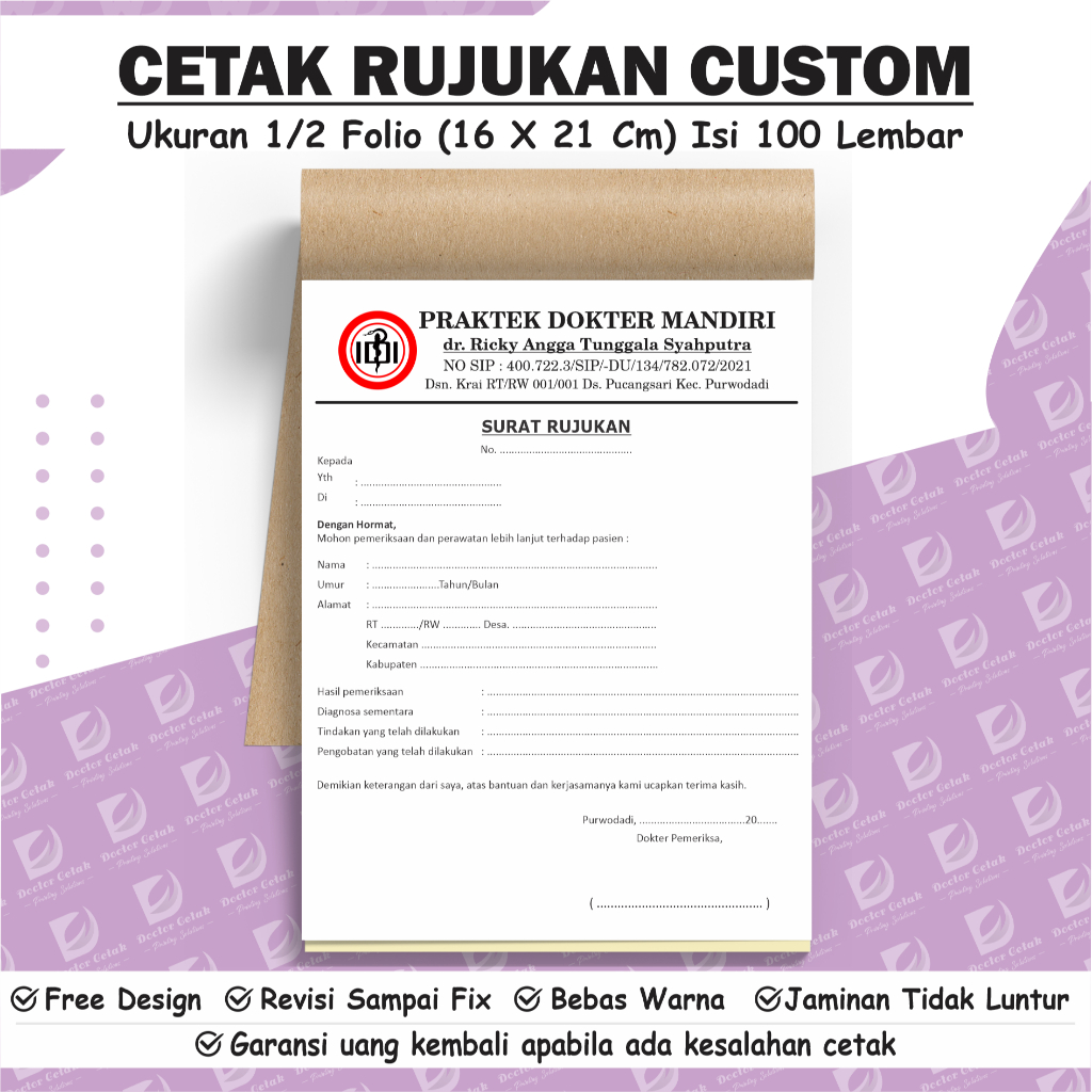 

Rujukan custom ukuran 1/2 folio (16 x 21 CM) ISI 100 Lembar
