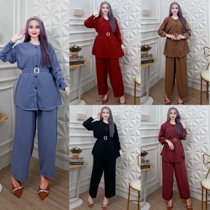 Baju Wanita Dewasa Lengan Panjang Dan Celana panjang Crinkle Airflow Setelan Kekinian/Setelan Modern