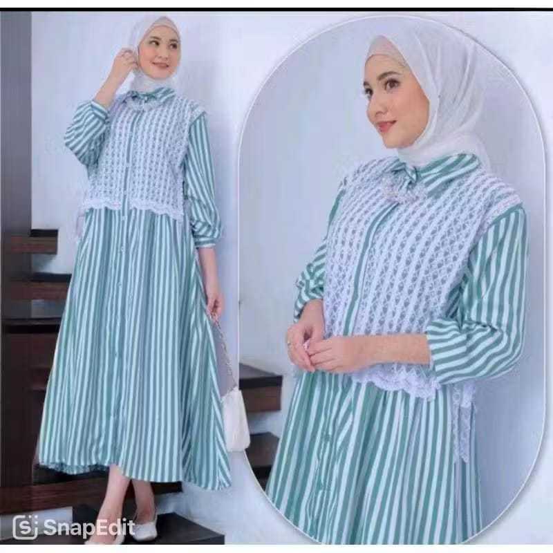 MIDI DRESS SALUR MIX BRUKAT//DRESS WANITA KEKINIAN BUSUI FRIENDLY//MIDI DRESS KATUN KOREAN STYLE