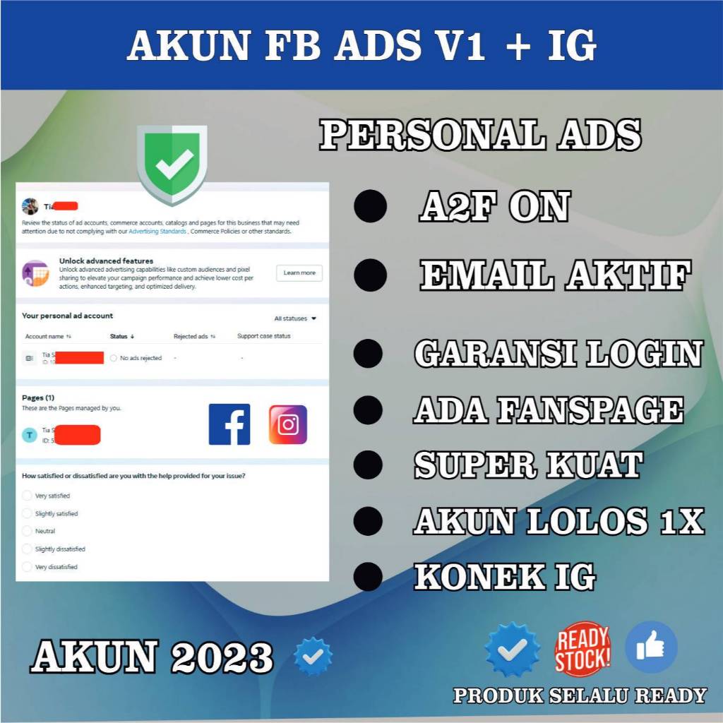 FB Ads Personal + Verif 1X + IG + Sudah Berhalaman, A2F ON Dan Email Aktif Bisa Ganti Password