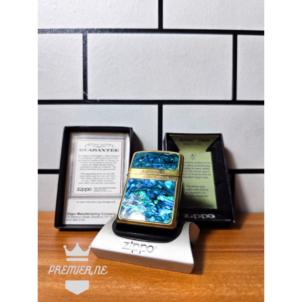 ZIPPO BLUE EMERALD WORD ZIPPO ARMOR CASE MADE IN USA WITH SEAL ORANGE