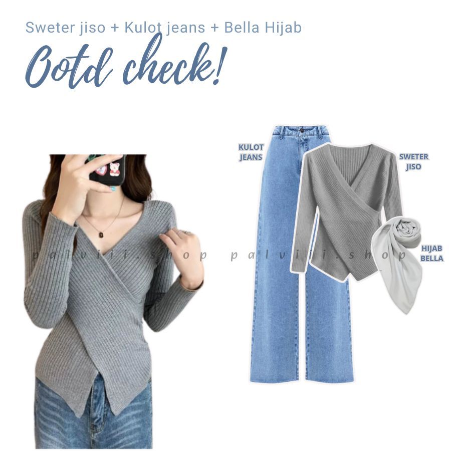 OOTD Korean Style Cewek Kekinian 3in 1 Sweter Jiso + Kulot Jeans + Hijab Set Pakaian Ngampus Cute