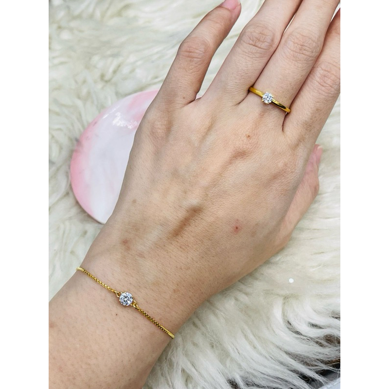 SET gelang serut dan cincin solitaire elegant mewah simple emas asli kadar 700