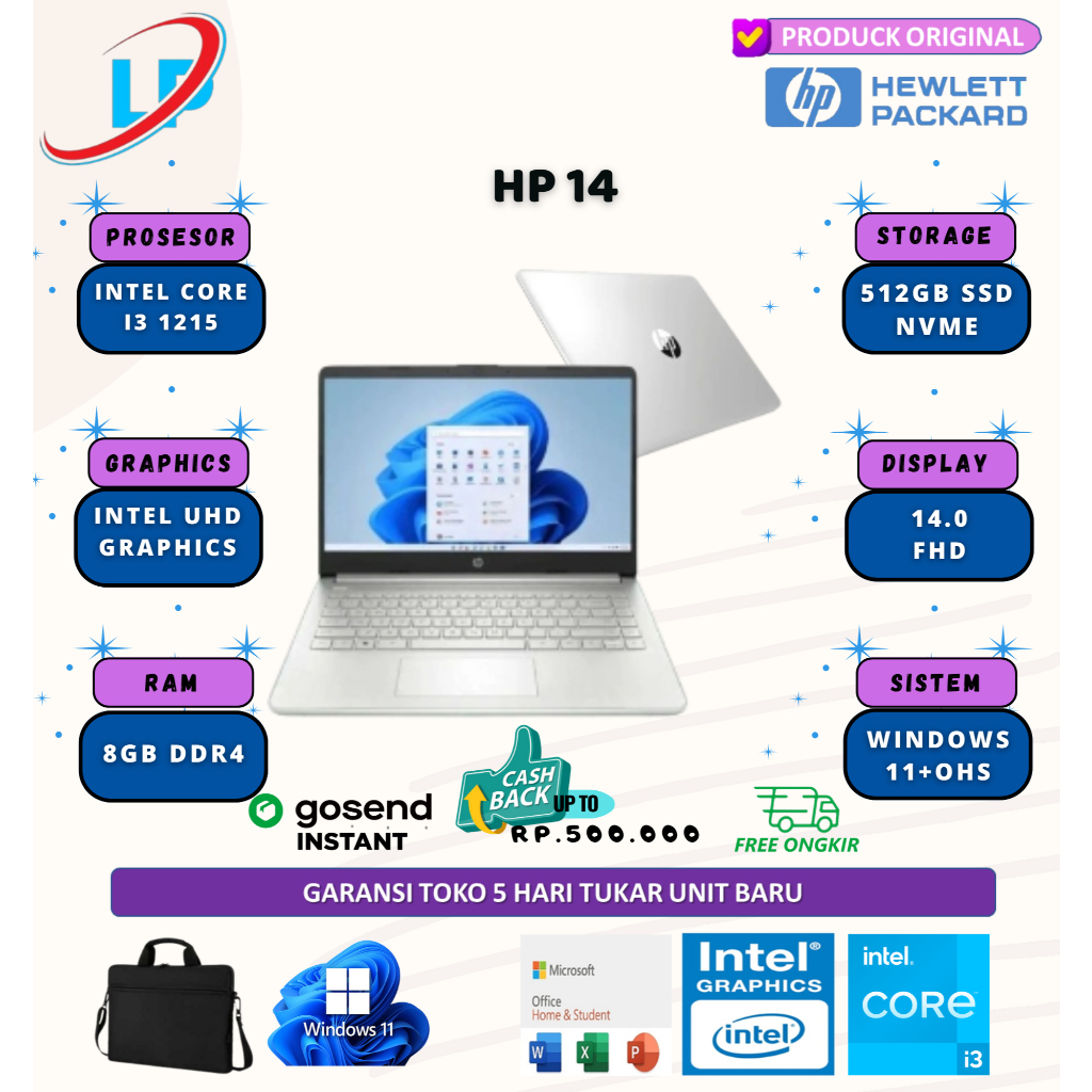 HP 14 i3 1215 8gb 512gb w11+ohs 14.0 fhd