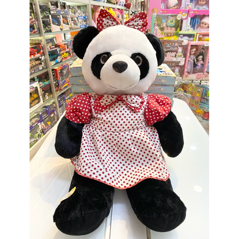 Boneka beruang Panda Dara pakai baju merah polkadot pita With Dress lucu panda hitam putih (05020094